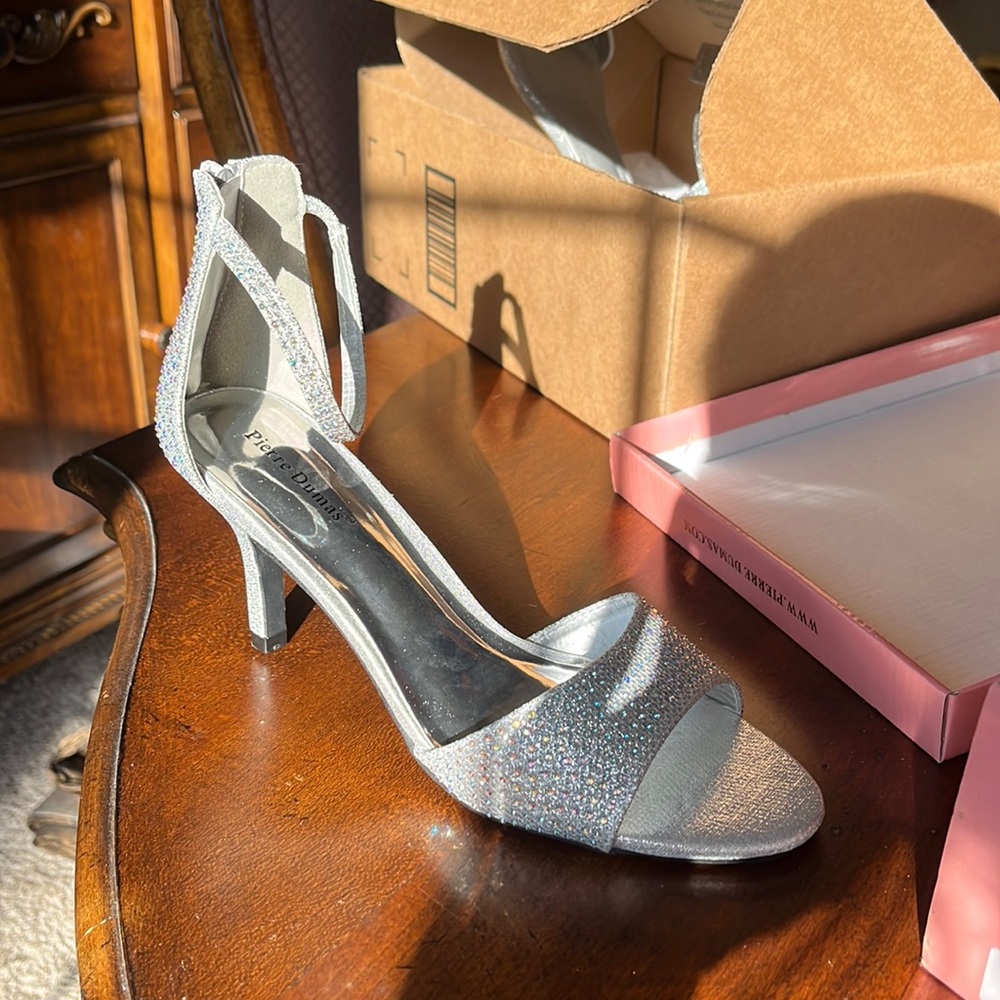 Silver kitten heel with iridescent gems on heel and toe